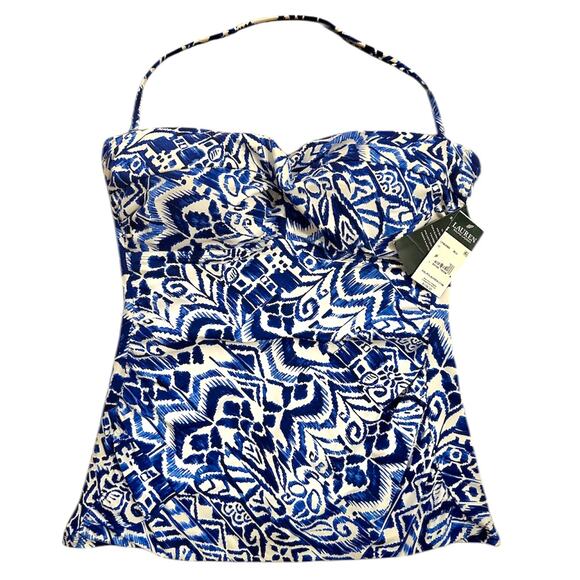 $106 RALPH LAUREN NWT Blue & White Tankini Swimsuit TOP – Large / 12 - Picture 1 of 7